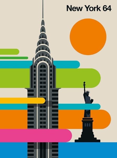 Modernes Wandbild mit grafischer Illustration von New York, Chrysler Building, Freiheitsstatue und dem Schriftzug New York 64.