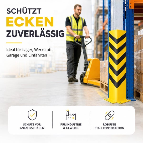 Eckenschutz aus Stahl für Lagerregale in Gelb-Schwarz mit Warnmarkierung, zum Schutz vor Anfahrschäden in Industrie und Gewerbe.
