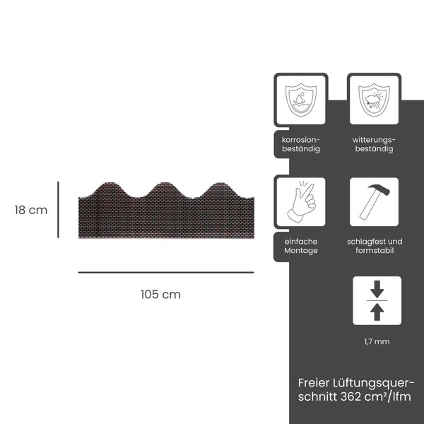 Lüftungselement mit Wellenprofil, 105 mal 18 Zentimeter, 1,7 Millimeter dick. Korrosionsbeständig, witterungsbeständig und schlagfest.