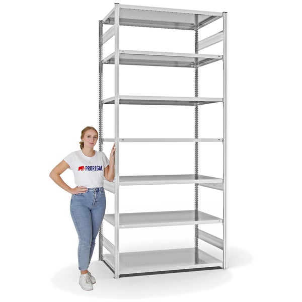 PROREGAL Fachbodenregal Stecksystem T-Profil Medium-Duty Grundregal HxBxT 300 x 130 x 80 cm 7 Ebenen Fachlast 240 kg Beidseitig Nutzbar Lichtgrau