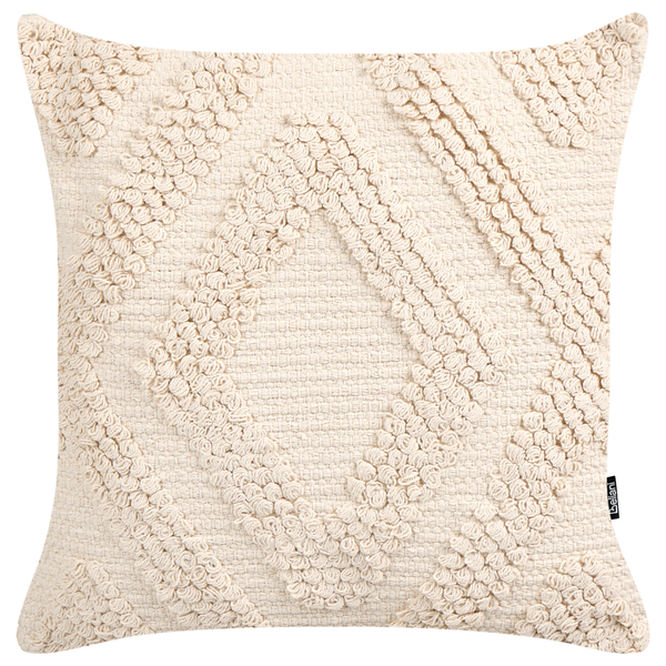 Quadratisches Dekokissen in Beige mit strukturiertem Wellenmuster aus Baumwolle.