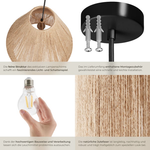 Hängeleuchte mit Lampenschirm aus Jutefaser und Montagezubehör