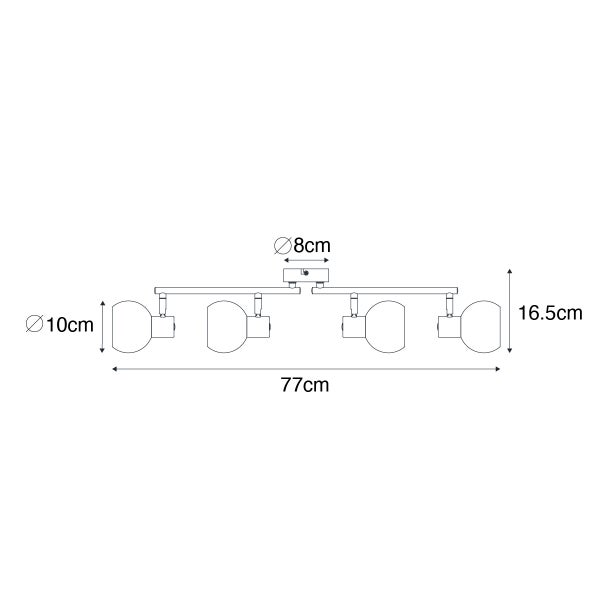 Technische Zeichnung einer Deckenleuchte mit vier Strahlern, Maße: 77 cm breit, 16,5 cm hoch, Lampenschirmdurchmesser 10 cm, Deckenbefestigungsdurchmesser 8 cm