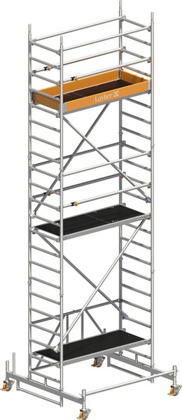 Rollgerüst mit mehreren Plattformen und Layher Logo