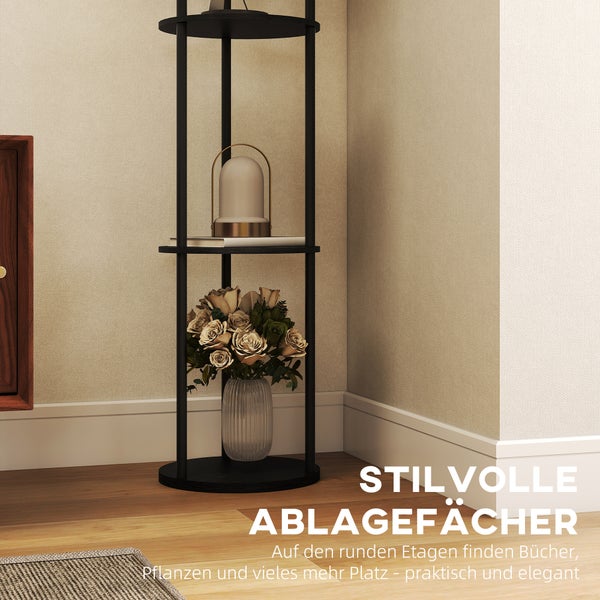 Schwarzes Eckregal mit runden Ablagefächern, dekoriert mit einer Lampe und Rosen in einer Vase, in einer hellen Raumecke auf Holzboden.