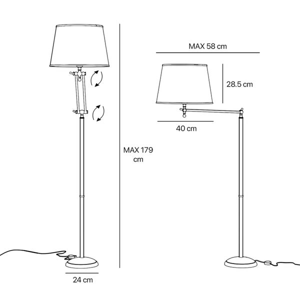 Maßskizze einer verstellbaren Stehlampe mit Lampenschirm und Angabe der maximalen Höhe von 179 Zentimetern und Ausladung.