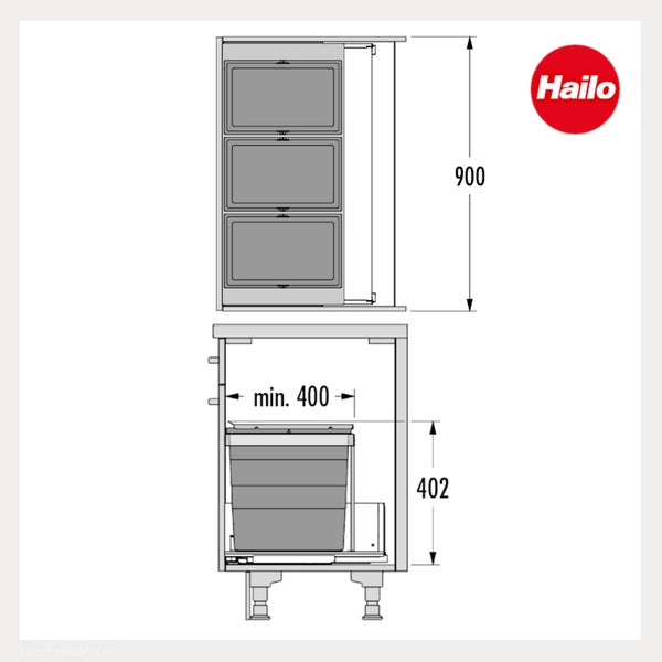 Maßzeichnung für ein Hailo Abfallsammler-System mit drei Behältern, Breite mindestens 400 mm, Höhe 402 mm, Hailo Logo.