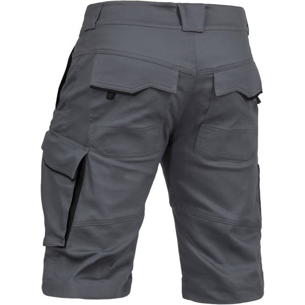 Graue Cargo-Arbeitsshorts mit mehreren Taschen, Rückansicht.