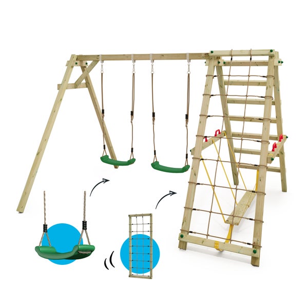 WICKEY Kinderschaukel Schaukelgestell Smart Hike , Schaukel mit Kletteranbau und Schwebebalken, Doppelschaukel, Holzschaukel - grün