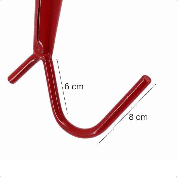 Wandhaken aus Metall mit Maßangaben von 6 cm und 8 cm zur Befestigung von Werkzeugen oder Gartengeräten.