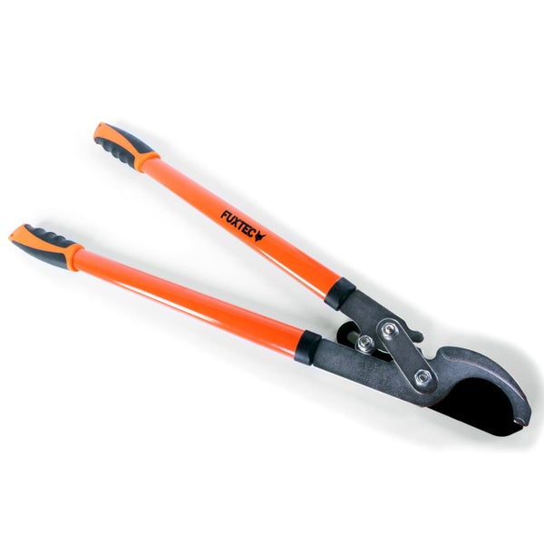 FUXTEC Astschere mit orangefarbenen Hebelarmen und schwarzen ergonomischen Griffen.