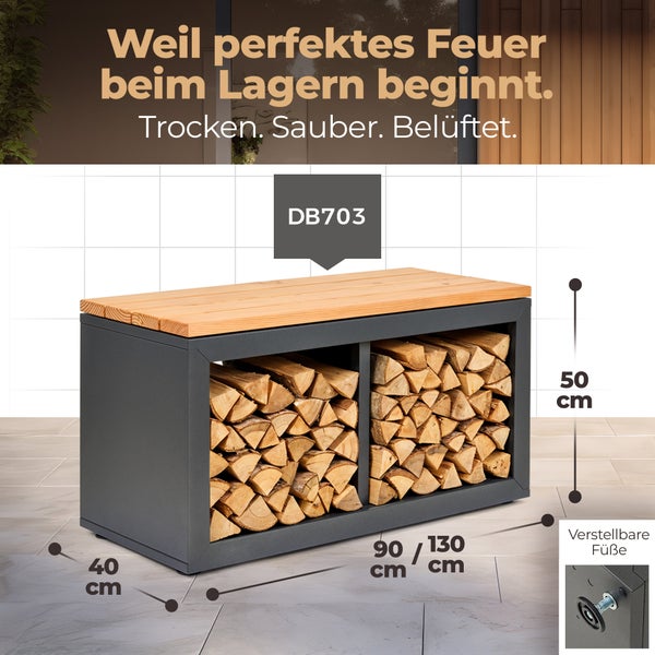 Brennholzregal mit Holzscheiten, Maße 40 x 90/130 x 50 cm