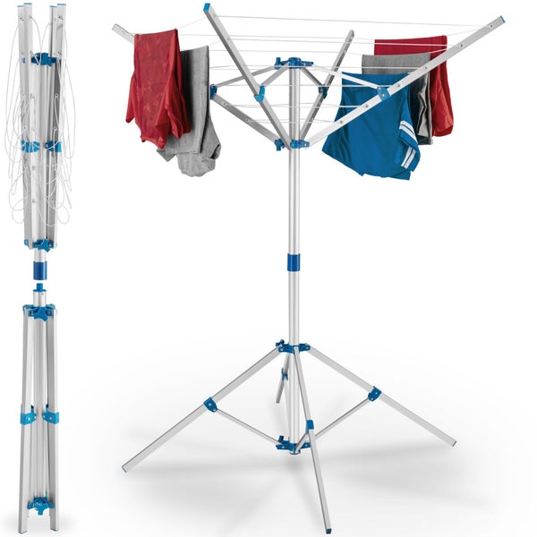 Mobiler Wäscheschirm aus Aluminium, faltbar mit Dreibeinstativ, dargestellt im zusammengeklappten und aufgebauten Zustand mit Wäsche.