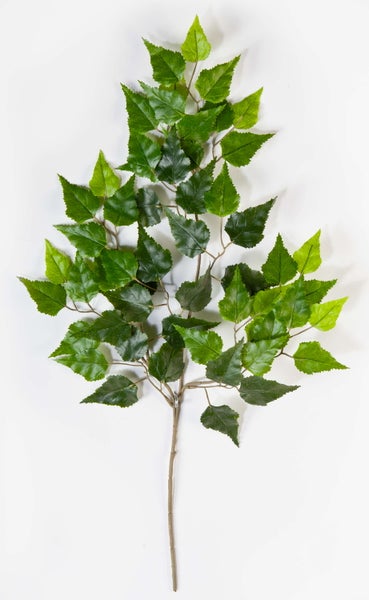 Künstliche Birkenblätter mit gezacktem Rand an einem braunen Zweig.