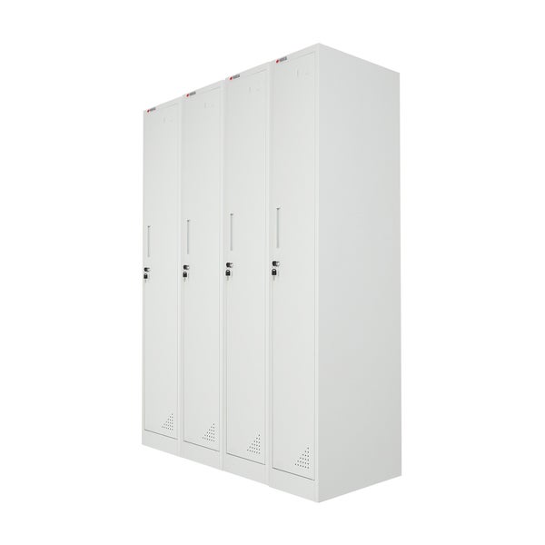Lichtgrauer Garderobenschrank aus Metall mit vier Abteilen, Lüftungsschlitzen, Etikettenhaltern und Zylinderschlössern inklusive Schlüsseln.