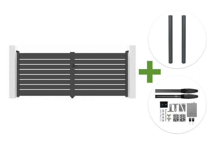 Zweiflügeliges anthrazitfarbenes Einfahrtstor mit horizontalen Lamellen, inklusive zwei Pfosten und elektrischem Torantrieb-Set.