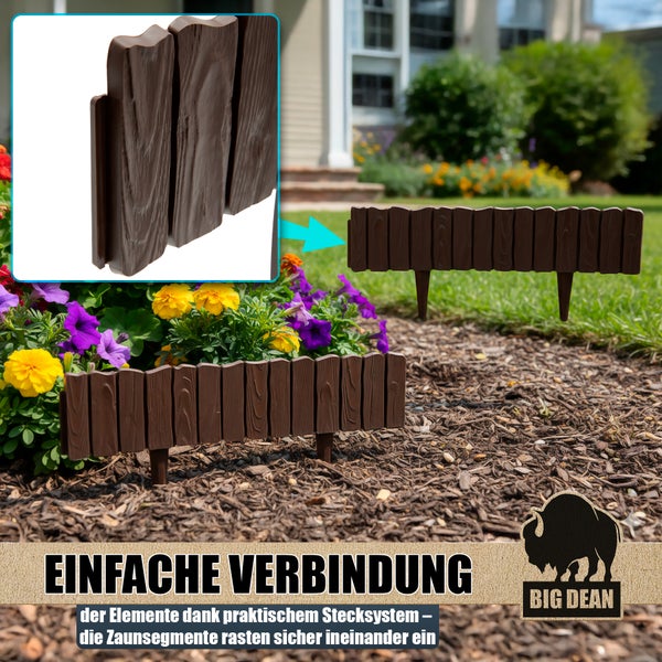 Dekorativer Beetzaun aus Kunststoff in Holzoptik im Garten