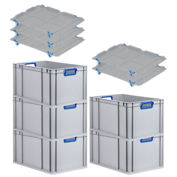 PROREGAL Spar Set 5x Eurobox Nextgen Color Mit Auflagedeckel & Schiebeschnappverschlüsse HxBxT 32 x 40 x 60 cm Griffe Blau Offen Verstärkter Boden