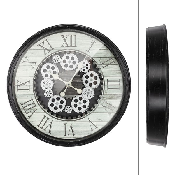 ECD Germany Große Wanduhr rund Ø 48 cm mit Römische Ziffern & beweglichen Zahnrädern, Schwarz, Dekorative Uhr MDF-Holz, Design Uhr Stil Industriell, Leisem Uhrwerk, geräuschlos, Analoge Dekor Wanduhr
