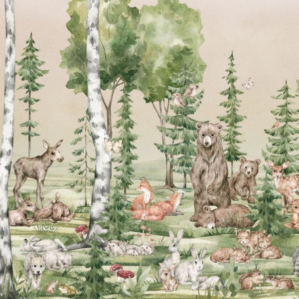 Illustration mit Waldtieren zwischen Bäumen