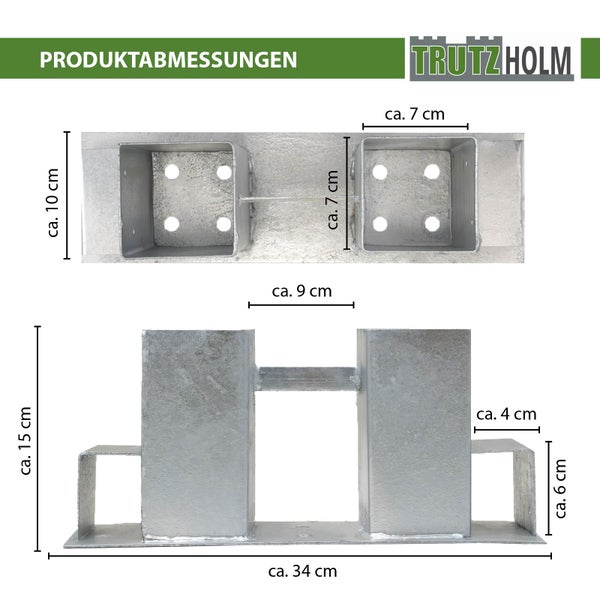Maßzeichnung für Trutzholm Pfostenanker mit zwei quadratischen Aufnahmen aus feuerverzinktem Stahl für Holzpfosten