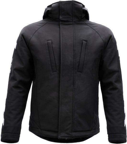 Schwarze Arbeitsjacke mit Kapuze, Frontreißverschluss und zwei vertikalen Brusttaschen.