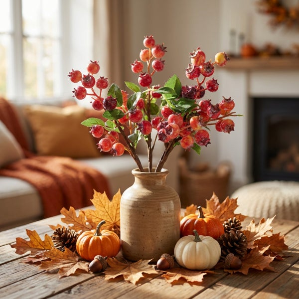 Herbstliche Tischdekoration mit einer Vase, Beeren zweigen, Zierkürbissen, Eicheln und Laub auf einem Holztisch.