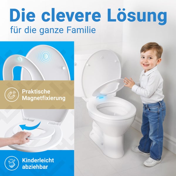 Toilettensitz mit integriertem Kindersitz, magnetischer Fixierung und einfacher Abnehmfunktion für die ganze Familie.