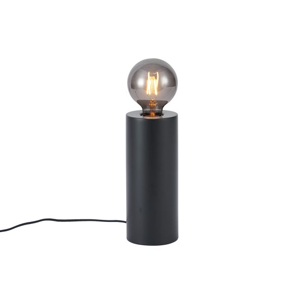 Moderne Tischleuchte mit schwarzem zylindrischem Sockel und rauchfarbenem Leuchtmittel.