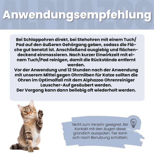 Anwendungsempfehlung für ein Ohrenpflegeprodukt mit einer Katze als Beispiel.