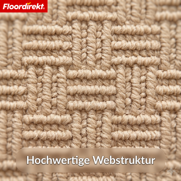 Floordirekt Logo und Nahaufnahme einer hochwertigen Webstruktur eines Teppichs.