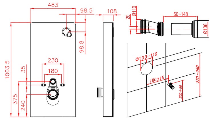 Technische Zeichnung eines Vorwandelements mit Maßangaben