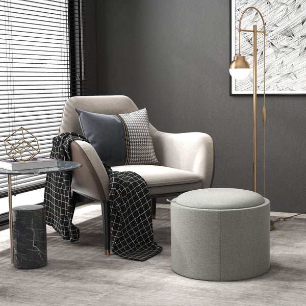 HOMCOM Sitzhocker mit Stauraum Hocker mit Klappdeckel, Runder Fußhocker Sitzwürfel Aufbewahrungsbox Polsterhocker, Leinenoptik 56 x 42 x 42 cm Grau