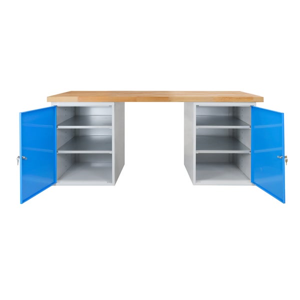 PROREGAL Werkbank Rhino Plus mit 2 Stahlblechkästen HxBxT 84 x 150 x 70 cm Traglast 500 kg Lichtgrau Blau