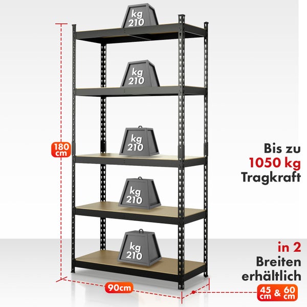 FLOORDIREKT Schwerlastregal Rhino - bis 1050 kg - Pulverbeschichtet - 180 x 90 x 45 cm Schwarz