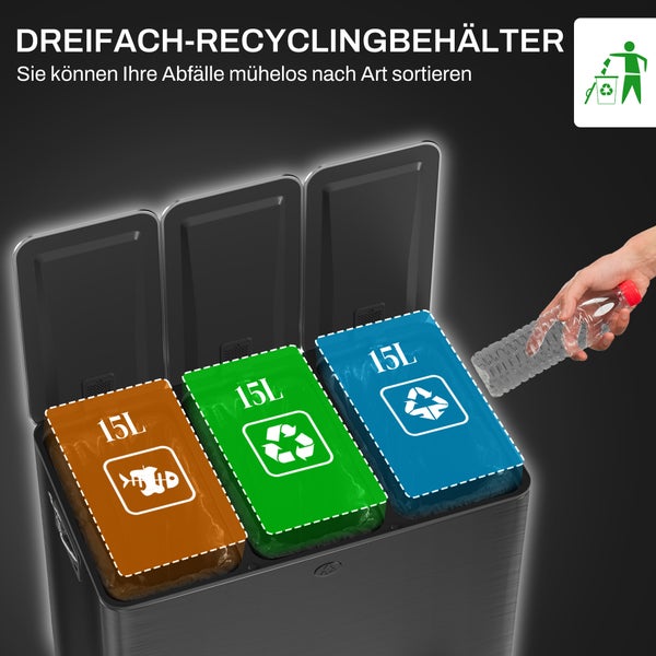 HOMCOM Mülleimer 3 x 15L Treteimer Kosmetikeimer Abfalleimer mit Deckel und Fußpedal, Müllbehälter mit Inneneimer, für Wohnzimmer, Büro, Edelstahl, 61,9 x 36,6 x 43,2 cm