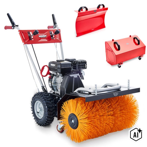 Hecht Kehrmaschine mit Benzinmotor, rotierende Bürste und Zubehör wie Schneeschild und Kehrgutbehälter.