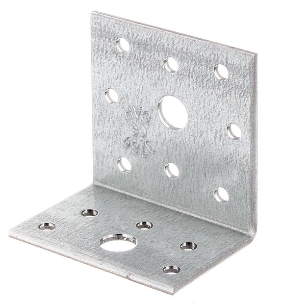 Winkelverbinder aus verzinktem Stahl mit Bohrungen zur stabilen Holzverbindung im Bauwesen.