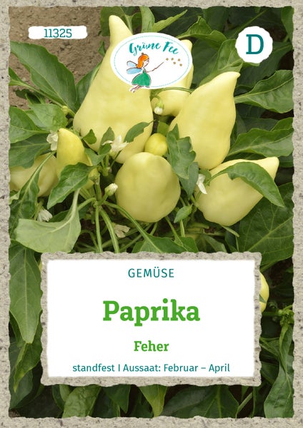 Samentüte für standfeste Paprika Feher von Grüne Fee, Aussaat von Februar bis April. Grüne Fee Logo.