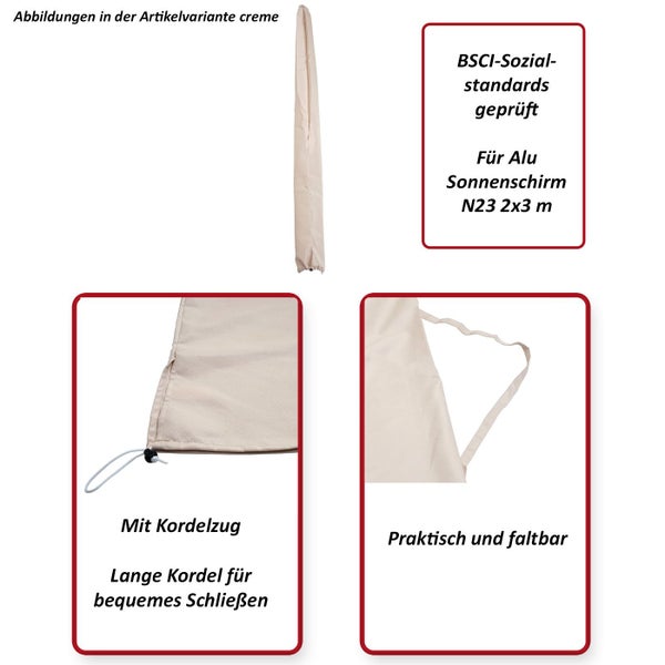 Abdeckung für Sonnenschirm mit Kordelzug, BSCI-Sozialstandards geprüft, passend für Alu Sonnenschirm N23 2x3 m, praktisch und faltbar