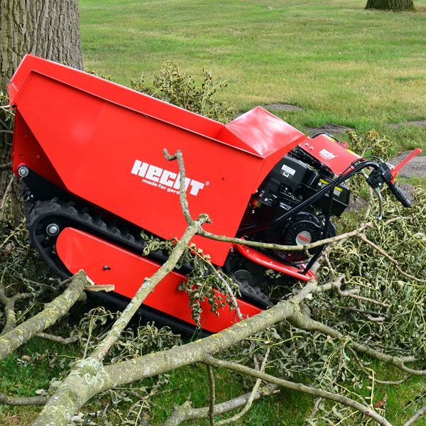 Ein roter Hecht Raupendumper mit Benzinmotor fährt im Garten über einen Haufen abgeschnittener Äste.