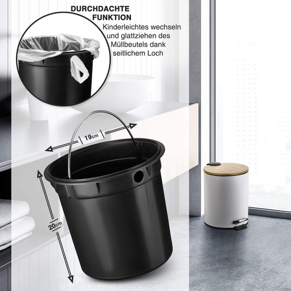 VMbathrooms 5L Kosmetikeimer in edlem weißem Design | Tretmülleimer mit Absenkautomatik (Soft Close) | Eleganter Eimer fürs Bad mit Innenbehälter und Bambus-Holzdeckel