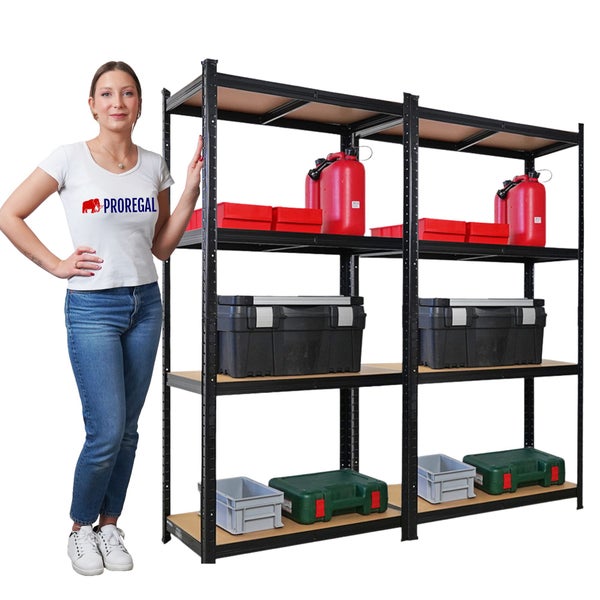 Schwarzes Metallregal mit Holzböden und verschiedenen Aufbewahrungsbehältern