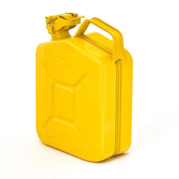 Gelber 5-Liter-Kraftstoffkanister aus Stahl mit Tragegriff und Ausgießer