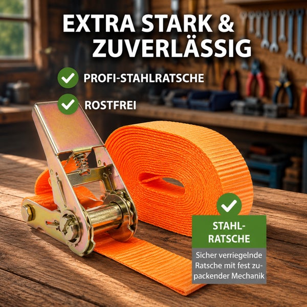 Spanngurt mit robuster Stahlratsche und orangefarbenem Gurtband in einer Werkstatt. Rostfrei und besonders belastbar für sicheren Halt.