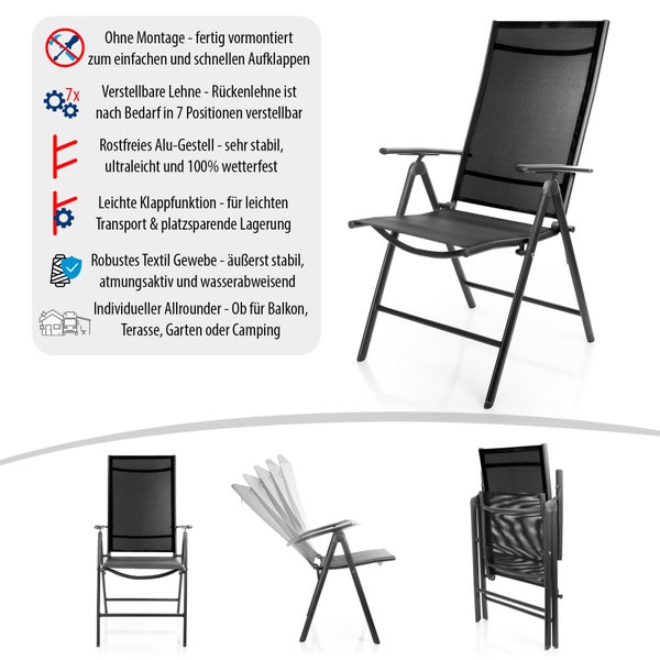 4 Stück Gartenstühle 120 kg belastbar - hochwertige Balkonstühle - Gartenstuhl Klappstuhl mit 7-fach verstellbarer Rückenlehne - Campingstuhl für Balkon, Garten & Terrasse - dunkelgrau/schwarz