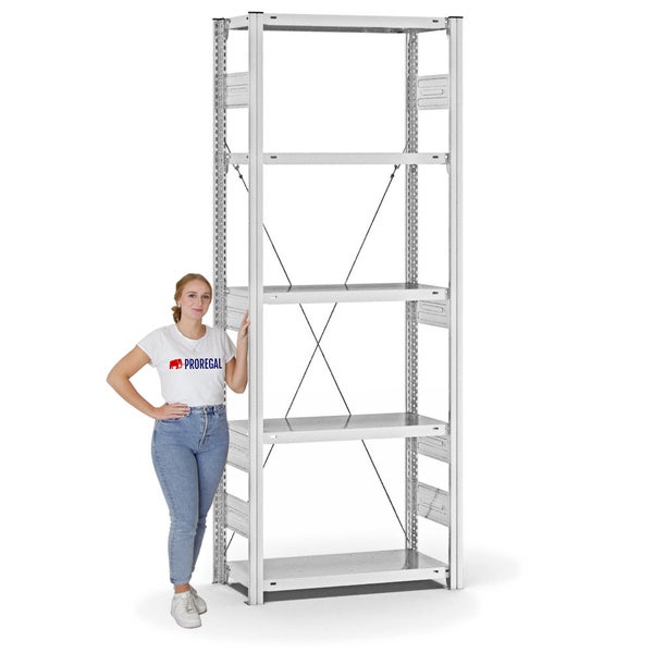 PROREGAL Fachbodenregal Stecksystem T-Profil Heavy-Duty Grundregal HxBxT 200 x 75 x 30 cm 5 Ebenen Fachlast 300 kg Einseitig Nutzbar Lichtgrau