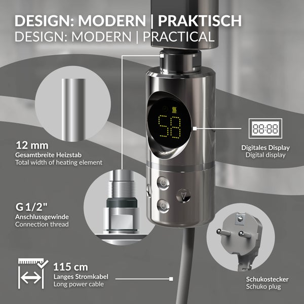 ML-Design Heizstab 600W Chrom mit Thermostat und LCD Bildschirm, Elektronischer Temperaturregler und Timing-Funktion, Heizpatrone Heizelemente für Badheizkörper Heizungen, Elektroheizstab mit Stecker