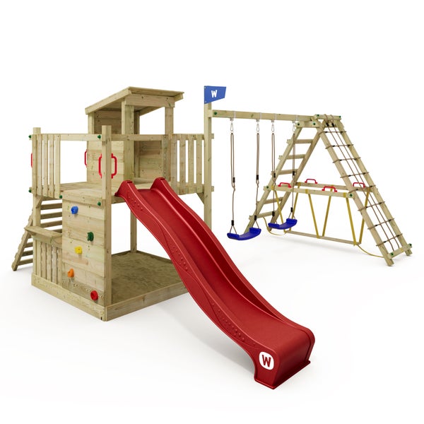 WICKEY Spielturm Klettergerüst Smart Nest mit Schaukel und Rutsche, Sandkasten, Surfswing mit Kletteranbau, Kletterwand und Spiel-Zubehör – rot