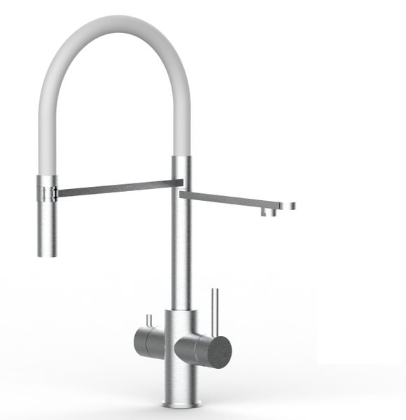 5 Wege Wasserhahn Küchenarmatur, Edelstahl Massiv mit 360° schwenkbarem Auslauf, abnehmbare 2 strahl Handbrause, Gebürstet / Weiß